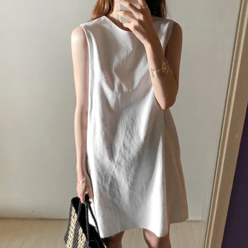 Casual Suelta Sin Mangas Vestido De Mujer Estilo Coreano Ins Ropa De Cama De Algodón De Color Sólido Chaleco Básico De Vestido Blanco Manto Femme 10089