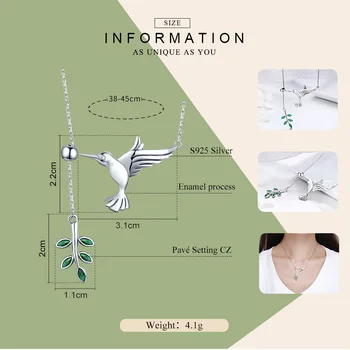 BAMOER Auténtica Plata de ley 925 de la Primavera de Bird & Hoja de Árbol de Hojas Cuelgan Colgante de Collar de Mujer de Plata de la Joyería SCN217