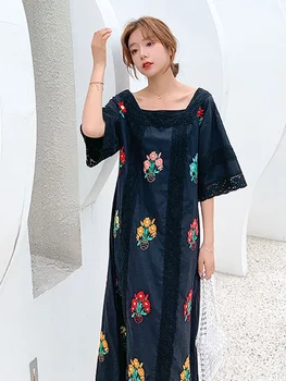 De verano nuevo estilo de la dinastía han, el estilo nacional de restauración de antiguas formas borda largo vestido de estilo Bohemio suelto largo vestido de estilo