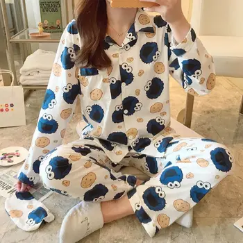 Mujer Linda de Impresión de dibujos animados Conjunto de Pijama de Turn-down Collar Camisón de Manga Larga de las Señoras de la Primavera ropa de dormir Ropa de Hogar