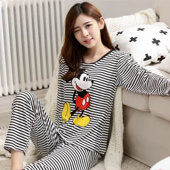 2019 cómoda de la moda de algodón de las señoras de manga larga pijama cuello redondo lindo leche de inicio del servicio de traje