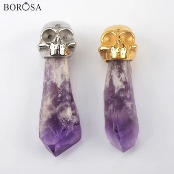 BOROSA Raw Púrpura de Cristal de Cuarzo Colgantes para las Mujeres Collar de la Moda de Oro Cráneo Amatistas Naturales de Curación Puntos de la Joyería WX1386