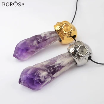 BOROSA Raw Púrpura de Cristal de Cuarzo Colgantes para las Mujeres Collar de la Moda de Oro Cráneo Amatistas Naturales de Curación Puntos de la Joyería WX1386