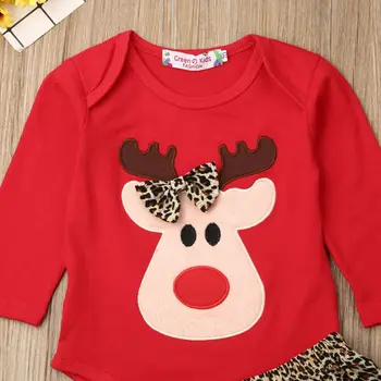 La Navidad Bebé Bowknot Ciervo Trajes De Leopardo De Impresión De La Falda De La Navidad Outfit Conjunto