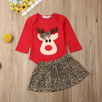 La Navidad Bebé Bowknot Ciervo Trajes De Leopardo De Impresión De La Falda De La Navidad Outfit Conjunto