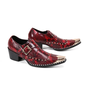 Sapato social masculino de oro de acero del dedo del pie zapatos de tacón alto rojo de la boda de oxford para los hombres remaches zapatos formales de los hombres de cuero genuino de vestidos