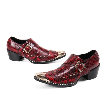 Sapato social masculino de oro de acero del dedo del pie zapatos de tacón alto rojo de la boda de oxford para los hombres remaches zapatos formales de los hombres de cuero genuino de vestidos