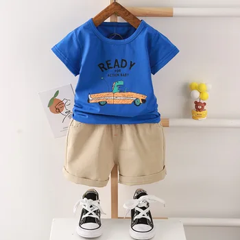 Casual Ropa de Bebé Conjunto de Niños Traje 1 2 3 4 5 Años la Moda de los Niños de dibujos animados de Coches de Impresión T-Shirt con pantalones Cortos de color Caqui Traje Rojo Azul