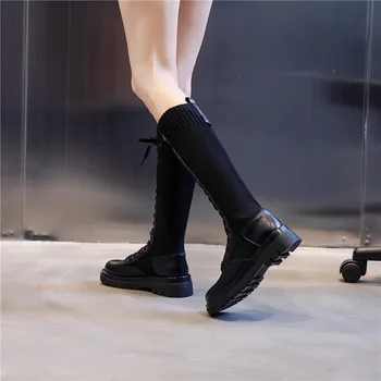 Botas de Mujer Botas de Invierno Cálido de la Rodilla Botas de Damas Botas de Otoño Encajes Venda Zapatos Más de La Rodilla Botas