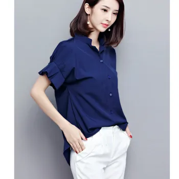 Manga corta Azul Más el Tamaño de las Mujeres Blusa de Señora de la Oficina de la Camisa 2021 de la Moda de Verano de las Mujeres Tops Camisa de Ropa de Mujer Blusas 580i 30