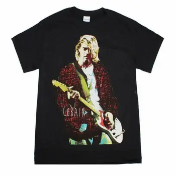 Kurt Cobain Chaqueta Roja De La Guitarra De La Foto En Negro T-Shirt Para Hombre De Banda Licenciada Camiseta Nirvana