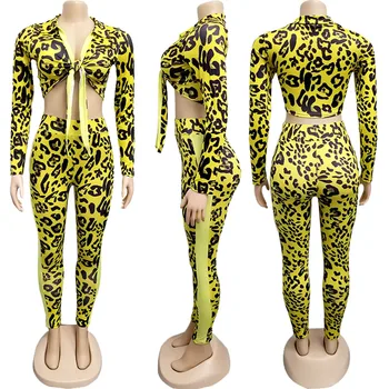 HAOYUAN Leopardo estampado de Serpiente Set de Dos piezas de las Mujeres Ropa de Otoño del Club Sexy Trajes de Manga Larga de Recortar la parte Superior del Pantalón de la Pieza 2 Conjuntos Coincidentes