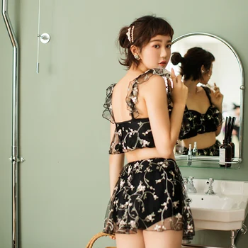 Las Mujeres Japonesas Niña De Dos Piezas Bikini Tankini Conjunto De Volante De Encaje Pura Lencería Cinta Minifalda Camisola De Gasa Esponjoso De La Impresión Floral