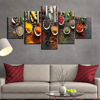 5 pieza de alimentos de cocina pintura en tela, comida Foto pared foto 5 paneles de especias de la pared de la sala de arte las imágenes de la pared F2381