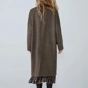ZA otoño invierno de lana de abrigo de tweed de las mujeres largas de estilo vintage a cuadros informal de las mujeres cazadora de Prendas de vestir exteriores de lana zanja parka de mujer
