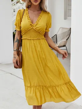 La luz Amarilla de Largo Vestido de Verano para las Mujeres 2021 Casual de Primavera y Verano Sexy Vestido de Cintura Alta de Mediados del Vestido de Mujer