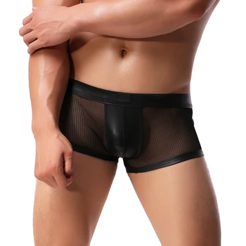 AIIOU Sexy Malla para Hombre Gay de la Ropa interior de los Boxeadores de los Hombres de Cuero de Imitación de la Bolsa de Hombres Transparente boxers ropa interior Hombre Ropa interior