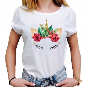 LUS LOS Unicornio Blanco Print T-Shirt Ahora las Mujeres de la Moda de la Primavera Verano de manga Corta Cómoda Camiseta