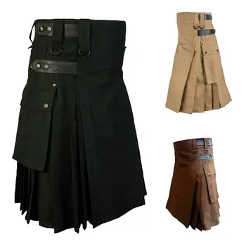 Hombres Medievales Vintage Falda De Escocia Gótico Kendo Bolsillo Faldas Escocesas Ropa Plisado Etapa De La Cadena De Falda De Fiesta Cosplay Pantalones