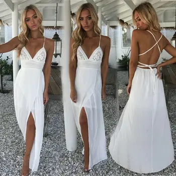 Vestido De Verano De Las Mujeres Sexy Tirantes De Encaje Blanco Con Mini Vestidos De Mujer De Las Señoras De La Playa De Cuello V Vestido De Fiesta