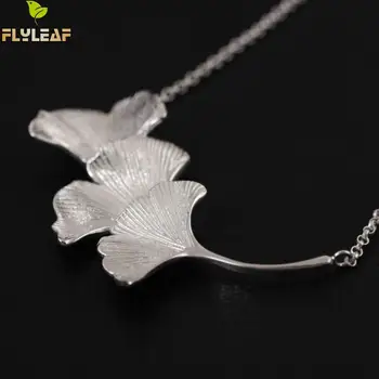 Flyleaf Esterlina 925 de plata de la joyería de la Vendimia de Tres Hojas de Ginkgo Collares & Colgantes Para las Mujeres Estilo Retro Dama Accesorios