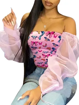 Camisa de las Mujeres de la Mariposa de Impresión Blusa Crop Tops Barra de Cuello de Ver-a través de la Larga Bocanada de Manga Fuera del Hombro sin Respaldo 