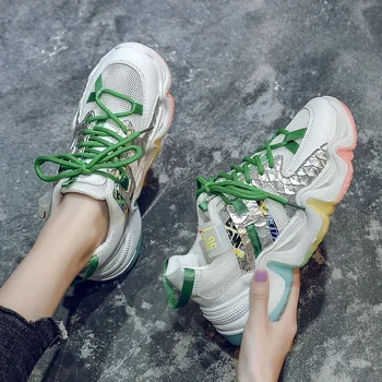 Dlek de Buena Calidad a las Mujeres Grueso Zapatillas de deporte de la Plataforma de cordones arco iris Fondo de Python Print Zapatos de Deporte Para mujer Con Más Tamaño