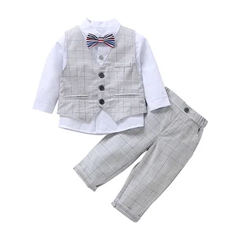 1-6Y Caballero Infantil de Niños del Bebé Formales Trajes de Ropa de Conjuntos Chaleco+Bowknot Camisas de Cuadros+Pantalones Largos 3pcs Conjuntos