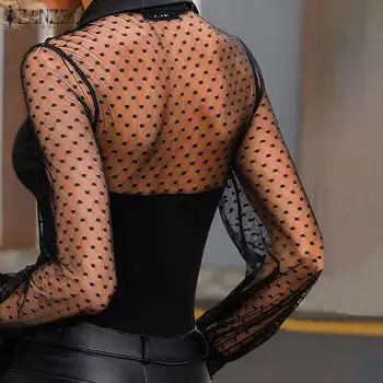 2021 ZANZEA Sexy Transparente Tops de las Mujeres del Cordón de Remiendo de la Blusa de Verano Casual de Manga Larga de Malla Blusas Femeninas de la Solapa de la parte Superior Más el Tamaño