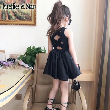Verano vestido de las niñas de Bebé vestido negro de niños vestidos de los Niños ropa de moda vintage de vuelta de los cultivos vendaje hueco de 3 a 14 años