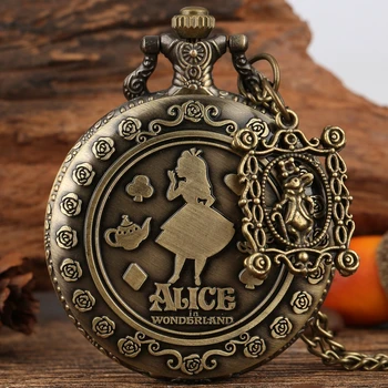 Retro Bronce Sueño de Alicia en el país de las Maravillas Conejo Poker Carrusel Accesorio de Bolsillo de Cuarzo Reloj de Cadena Colgante de Collar de la Muchacha de las Mujeres