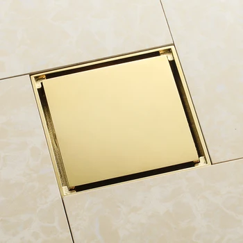 De lujo de oro de latón sólido de 100 x 100 mm cuadrado anti-olor a desagüe en el piso de oro de baño invisible desagüe de la ducha de la ducha de la habitación escurridor
