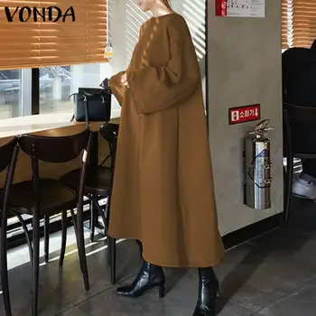 VONDA Invierno Otoño Básico de vestuario 2021 Mujeres Casual Suelto Largo Maxi Vestidos Más el Tamaño de Manga Larga Negro Gris Sólido Vestido de Playa