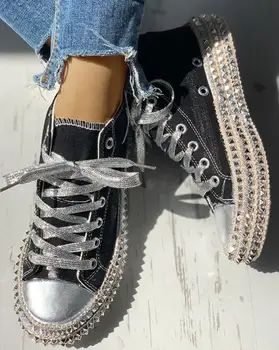 Mujer Primavera de Leopardo de impresión de la Lona Zapatillas de deporte de Moda de diamantes de imitación lentejuelas plana Salvaje de las mujeres zapatos de los Jóvenes casual zapatos Más el Tamaño de 43