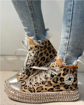 Mujer Primavera de Leopardo de impresión de la Lona Zapatillas de deporte de Moda de diamantes de imitación lentejuelas plana Salvaje de las mujeres zapatos de los Jóvenes casual zapatos Más el Tamaño de 43