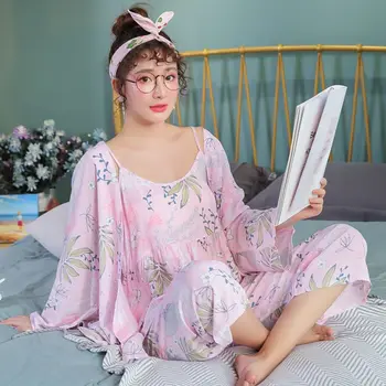 Pijamas de Mujeres DEL Otoño Y la Primavera Sexy de Algodón Japonés de Tres piezas Dulce Eslinga Sintética de Algodón Más el Tamaño de ropa de dormir Casual de Dormir