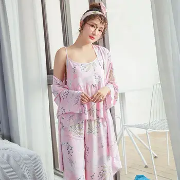 Pijamas de Mujeres DEL Otoño Y la Primavera Sexy de Algodón Japonés de Tres piezas Dulce Eslinga Sintética de Algodón Más el Tamaño de ropa de dormir Casual de Dormir