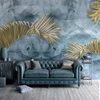 Personalizado Mural de papel pintado Moderno Abstracto Azul de la Pared de Cemento de la Planta de Oro de las Hojas de la Pintura de la Pared de la Sala de TV Sofá Dormitorio Fondos de pantalla