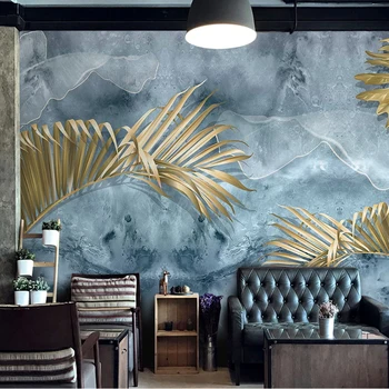 Personalizado Mural de papel pintado Moderno Abstracto Azul de la Pared de Cemento de la Planta de Oro de las Hojas de la Pintura de la Pared de la Sala de TV Sofá Dormitorio Fondos de pantalla