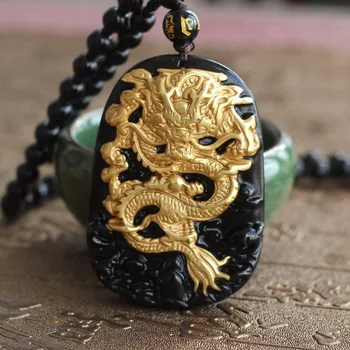 De oro Natural de Obsidiana Negra Talla Dragón de la Suerte Amuleto Colgante Para las Mujeres los Hombres colgantes de la Joyería de la Moda