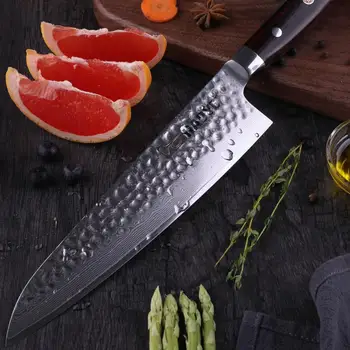 HAOYE 8,5 pulgadas Japonés Damasco acero vg10 cuchillo de cocina Gyuto cuchillos de cocina Forjada Martillado Classic Full Tang Mango de palo de rosa