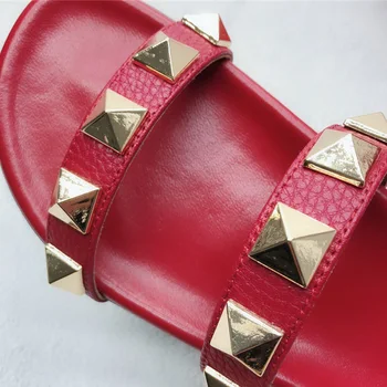 2018 Revit diapositiva sandalias de las mujeres de lujo de diseño genuino de la vaca realmente de cuero de zapatos de señora V pisos zapatillas de mujer de diseño de moda