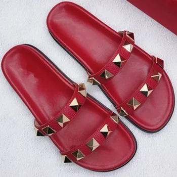 2018 Revit diapositiva sandalias de las mujeres de lujo de diseño genuino de la vaca realmente de cuero de zapatos de señora V pisos zapatillas de mujer de diseño de moda