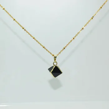 Natural negro Facetado de Obsidiana Colgante tetraedro punto de bisel de oro colgante de piedra de la gema colgante de collar