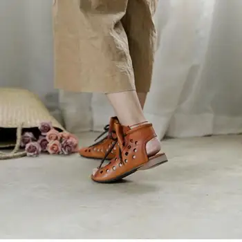 Johnature 2020 Nuevas Botas de Tobillo Para las Mujeres Zapatos de Cuero Genuino de los cordones Puntera Redonda las Mujeres Botas de Coser a Mano Botas de Damas