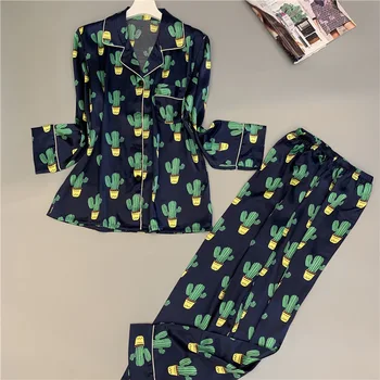 2020 Raso Pijamas Pijamas de las Mujeres Conjuntos con Pantalones de 2019 Flor de Impresión de Manga Larga de Seda ropa de dormir Pijama Mujer Mujer Nightsuit