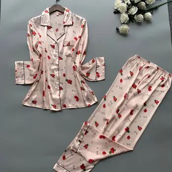 2020 Raso Pijamas Pijamas de las Mujeres Conjuntos con Pantalones de 2019 Flor de Impresión de Manga Larga de Seda ropa de dormir Pijama Mujer Mujer Nightsuit