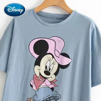 Disney Lindo Minnie Mouse De Impresión De Dibujos Animados Chic Blue T-Shirt O-Cuello De Jersey De Manga Corta De La Moda Casual Dulce De Las Mujeres Suelta Camiseta Tops