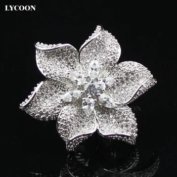 De lujo de la fiesta de la boda anillo de plata chapado en grande en forma de flor de las mujeres anillos de puntas de cristal y Cubic Zirconia