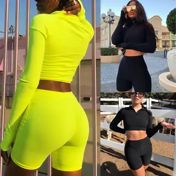 2019 Mujeres 2Pcs Chándal Gire hacia abajo el Cuello de color Verde Fluorescente Sudaderas con capucha de la Sudadera de Yoga Conjuntos de Sportwear Jersey Corto Trajes de Mujer XL